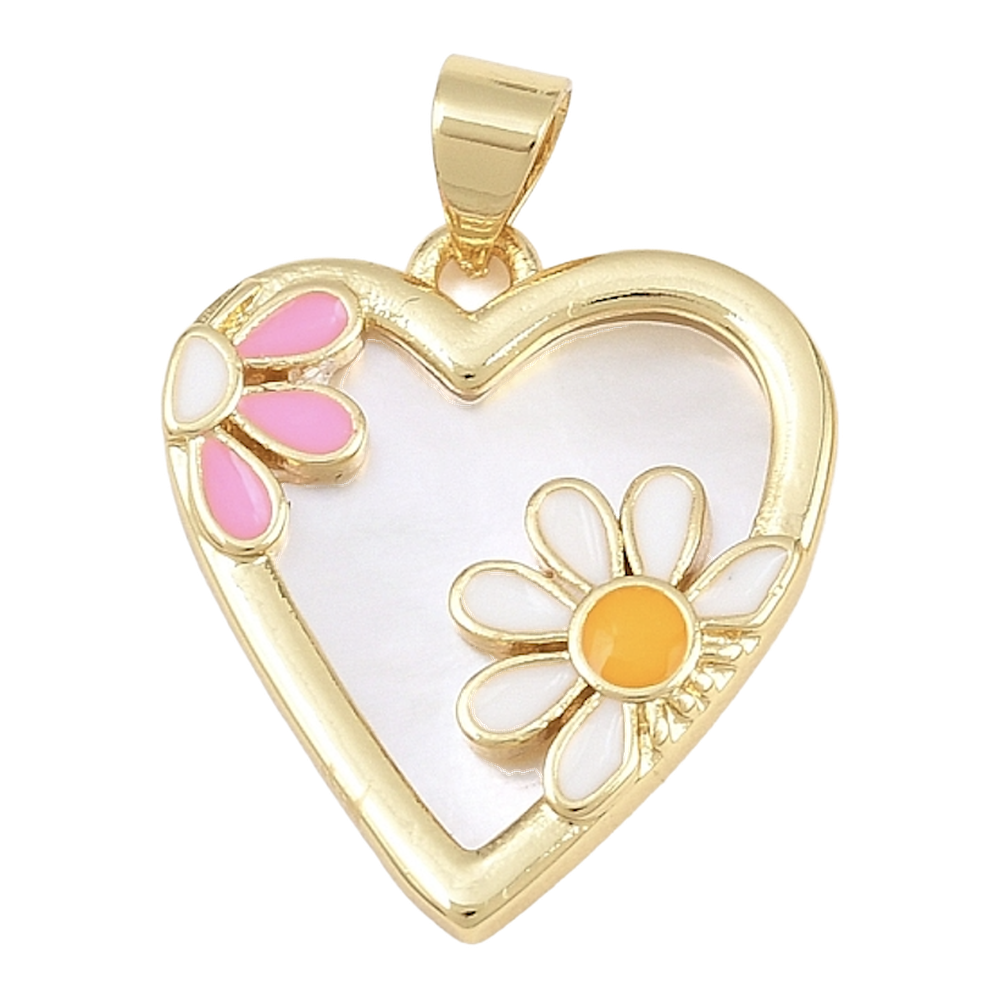 gold mother of pearl flower heart charm
