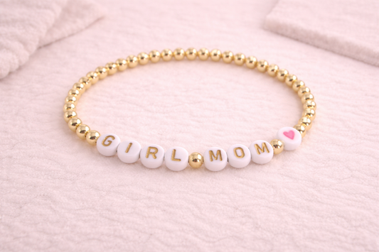 girl mom beaded bracelet (white & gold)