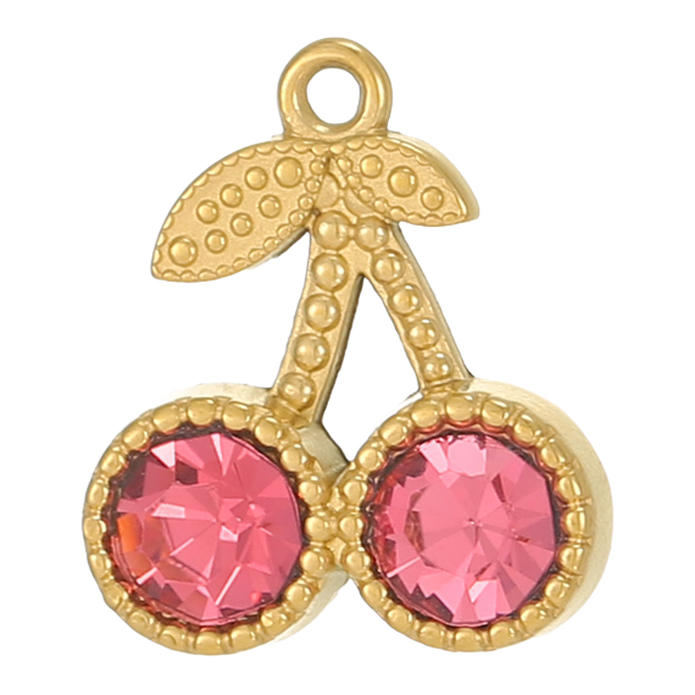 gold pink crystal cherry charm