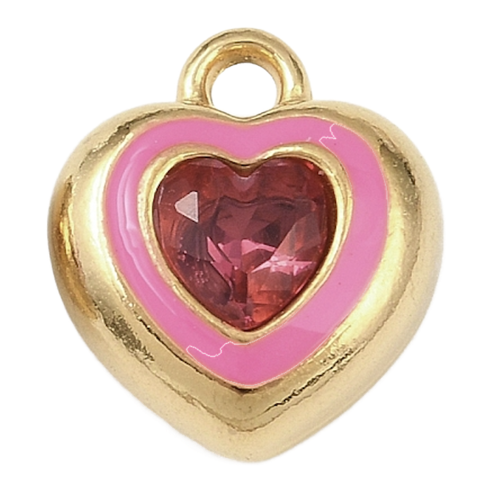 gold pink crystal heart charm (hot pink)